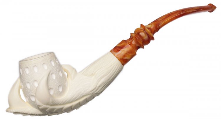 AKB Meerschaum: Carved Dragon Claw Holding Vase (with Case)