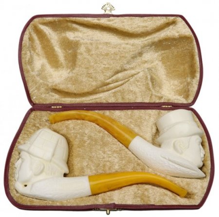 AKB Meerschaum: Carved Sherlock Holmes & Watson Two Pipe Set (S. Cosgun) (with Case)